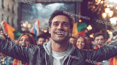 Smiling Man Cheering In Crowd At Nighttime Street Festival