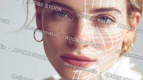 Young Woman Facial Recognition Biometric Scanning Grid
