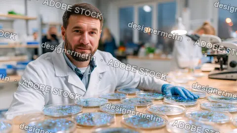 Male Scientist Posing Petri Dishes Laboratory