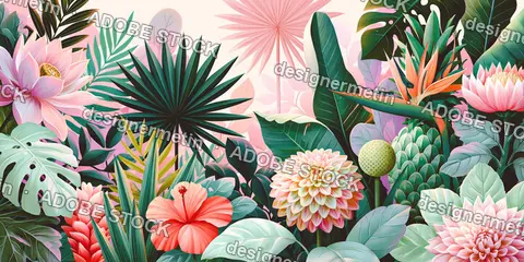 Lush Tropical Garden Exotic Pastel Flowers Leaves Illustration