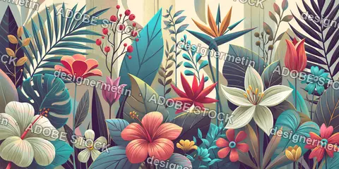 Tropical Floral Illustration Blooming In Lush Exotic Garden
