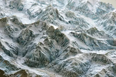 Topographical 3d Relief Model Of Snowy Mountain Peaks Terrain