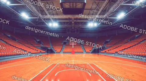 Empty Basketball Court Under Bright Lights In Indoor Arena