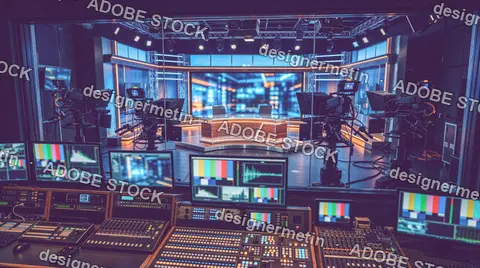 News Studio Control Room Overlooking Professional Broadcast Set