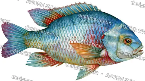 Watercolor Blue Tilapia Fish Swimming, Isolated On Transparent Background, Png
