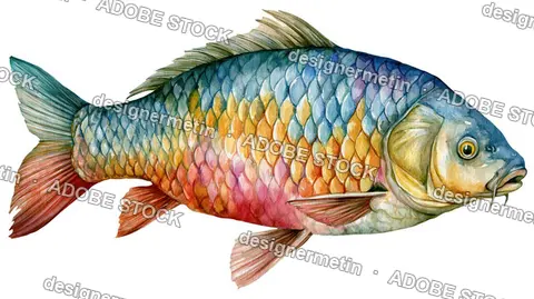Watercolor Carp Fish Profile Illustration, Isolated On Transparent Background, Png