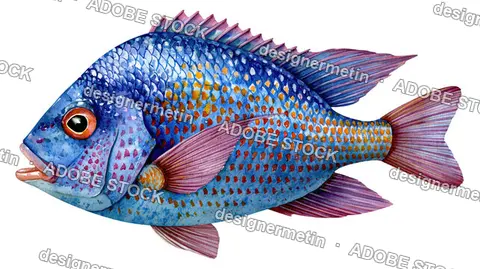 Watercolor Blue Cichlid Fish Swimming, Isolated On Transparent Background, Png
