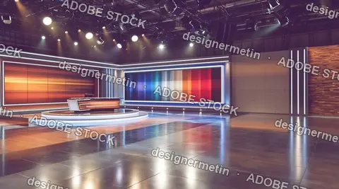 Empty News Broadcast Studio With Professional Lighting And Screens