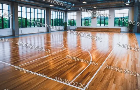 Polished Wooden Floor Empty Indoor Basketball Court Gym Hall