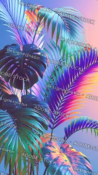 Iridescent Tropical Palm And Monstera Leaves Neon Abstract Background