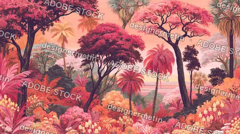 Pink Tropical Jungle Landscape With Wildlife Oil Painting