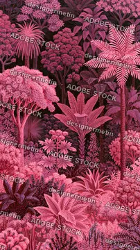 Pink Tropical Rainforest Painting Dense Jungle Foliage