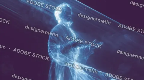 Holographic Old Man Gesturing On Dark Theater Stage
