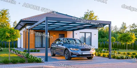 Modern Sedan Parked Under Carport At Suburban House