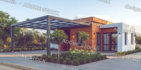 Modern Wooden House Glass Carport Landscaped Garden