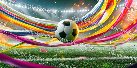 Soccer Ball Floating Colorful Ribbons Stadium Pitch