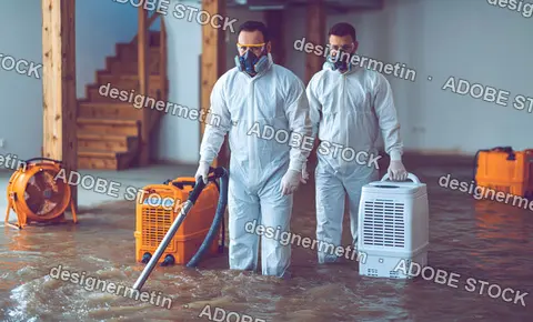 Flood Restoration Crew Cleaning Flooded Home Interior