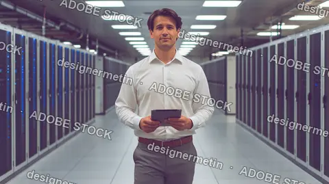 It Manager Holding Digital Tablet In Server Room
