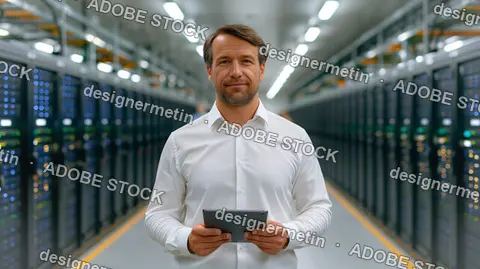 Server Administrator Holding Digital Tablet In Data Center