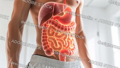 Human Digestive System Anatomical Illustration On Male Torso
