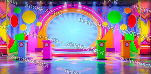 Colorful Game Show Set Four Podiums Circular Stage Television Studio
