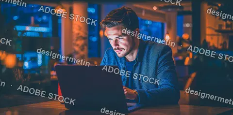 Businessman Working On Laptop In Office At Night