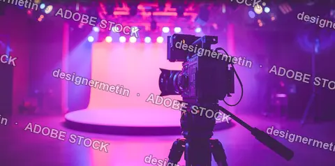 Professional Cinema Camera On Tripod In Neon Television Studio
