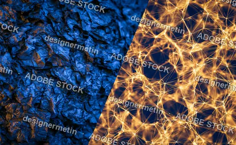 Crumpled Blue Paper Texture Meeting Glowing Golden Digital Plexus