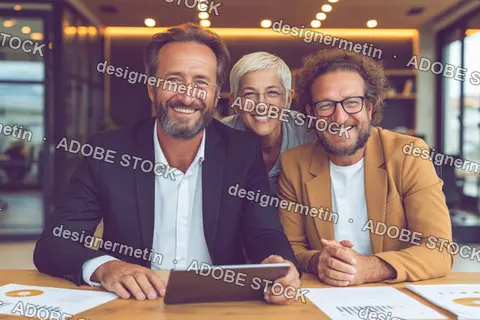 Smiling Professional Business Team Using Tablet In Office