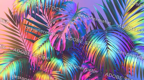 Iridescent Monstera And Palm Leaves On Purple Gradient