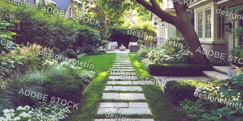 Stepping Stone Path Through Lush Backyard Garden To Patio