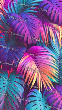 Neon Tropical Palm And Monstera Leaves Vibrant Background