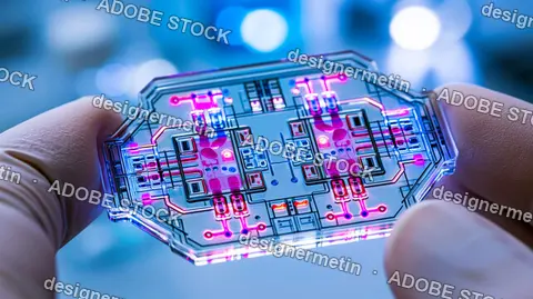 Microchip Held By Gloved Hands In High Tech Laboratory