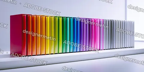 Colorful Office Binders In Rainbow Spectrum Order On White Shelf