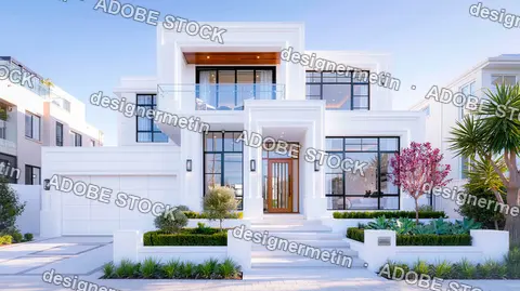 Modern White Luxury House Facade Glass Balcony Garden