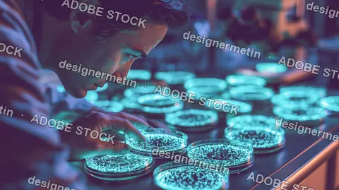 Scientist Examining Glowing Petri Dishes In Dark Laboratory