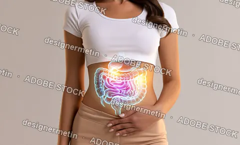 Woman Digestive System Glowing Anatomy Neutral Background