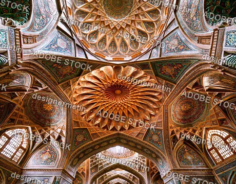 Intricate Geometric Patterns Ornate Vaulted Ceiling Persian Mosque