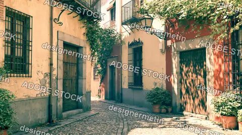 Narrow Cobblestone Street Between Old Vintage Mediterranean Buildings
