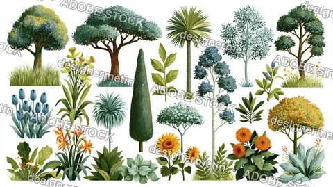 Botanical Illustration Set Of Trees Shrubs Flowers And Garden Flora