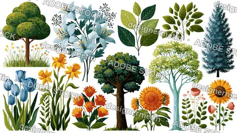 Nature Plants Trees Flowers Collection, Isolated On Transparent Background, Png