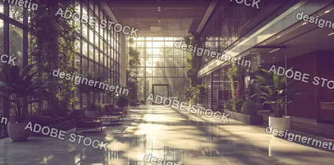 Modern Biophilic Office Lobby With Indoor Plants And Natural Light