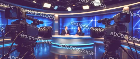 Television News Studio With Broadcast Cameras And Anchor Desk Set