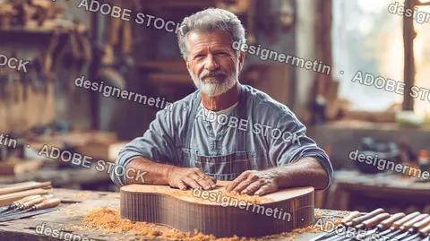 Senior Luthier Crafting Acoustic Guitar In Workshop
