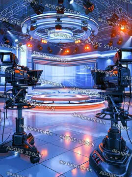 News Broadcast Cameras In Modern Television Studio Stage