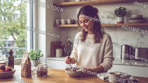 Woman Enjoying Healthy Breakfast Bowl In Bright Modern Home Kitchen