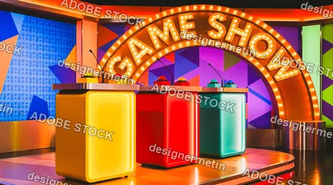 Game Show Studio Set Podiums Illuminated Sign