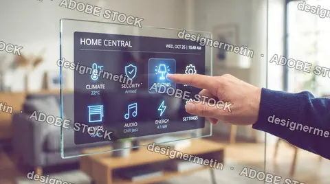 Hand Touching Transparent Smart Home Control Screen In Living Room