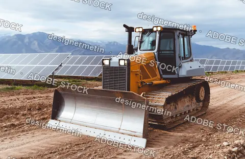 Bulldozer Parked On Ground At Solar Energy Farm