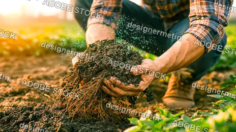 Farmer Holding Fertile Soil Digital Glow Sunset Farm Field